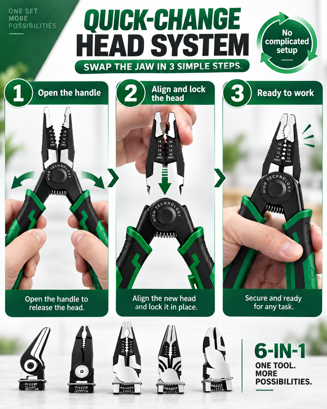 6-in-1 Interchangeable Head Pliers Set, Built-in 12-250V Voltage Detection