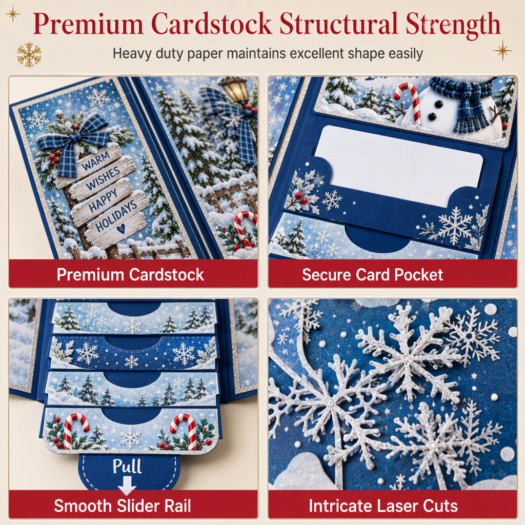 Snowman card details showing cardstock construction and a pocket for a personal gift