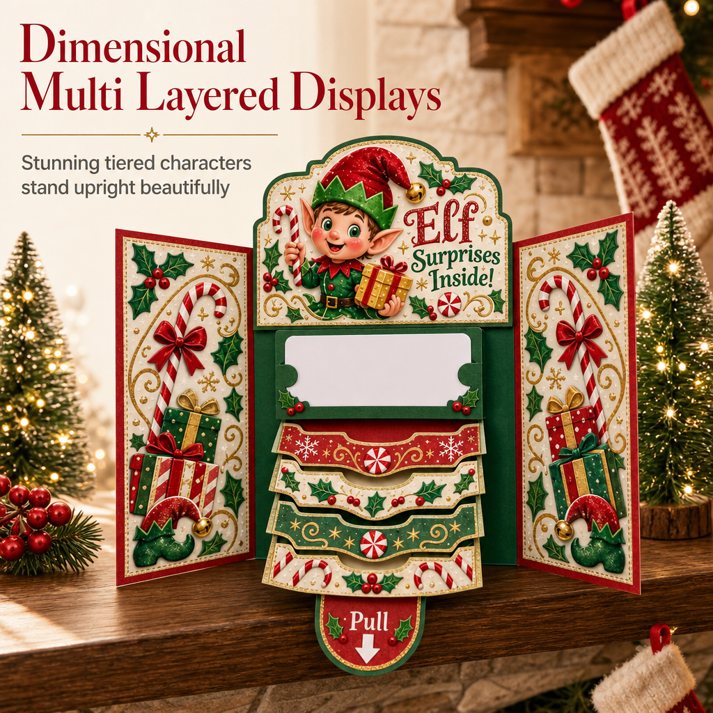 Christmas Elf card opened to display its layered paper design and gift pocket