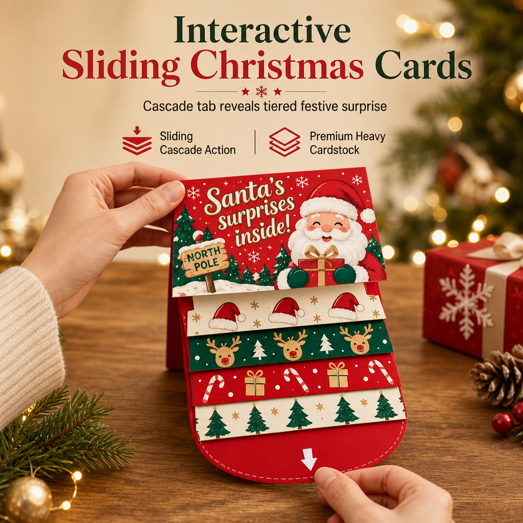 Santa Christmas greeting card with a pull tab and layered festive panels