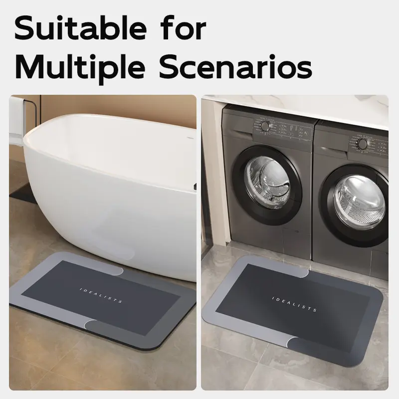 Geometric bath mat shown beside a bathtub and in a laundry room