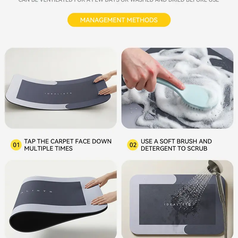 Care guide showing gentle brushing and rinsing of the flexible bath mat
