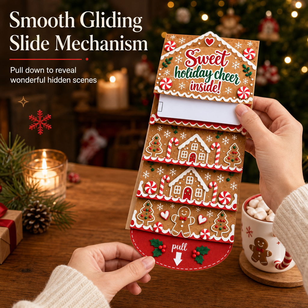Gingerbread greeting card showing the downward sliding pull-tab mechanism