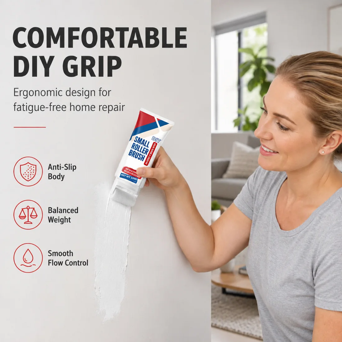 Easy-to-hold small wall repair paint roller used to refresh a white interior wall