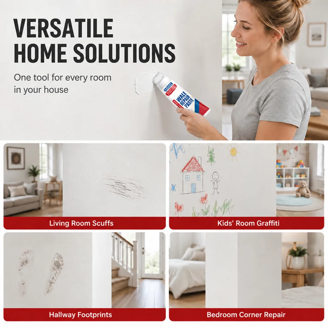 Examples of wall scuffs, kids room drawings, hallway footprints and bedroom corner touch-ups