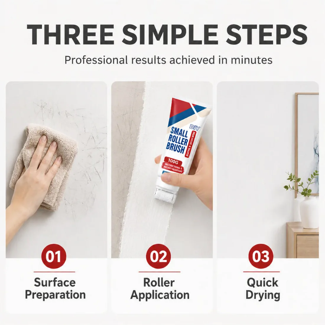 Three steps for using the wall repair roller: prepare the surface, apply with the roller, allow it to dry