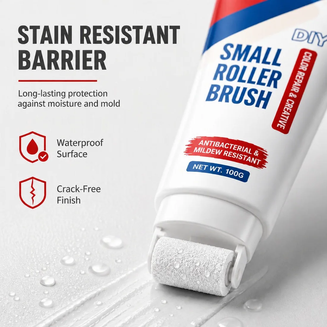 Close view of 100g repair paint tube with built-in mini roller applying white coating