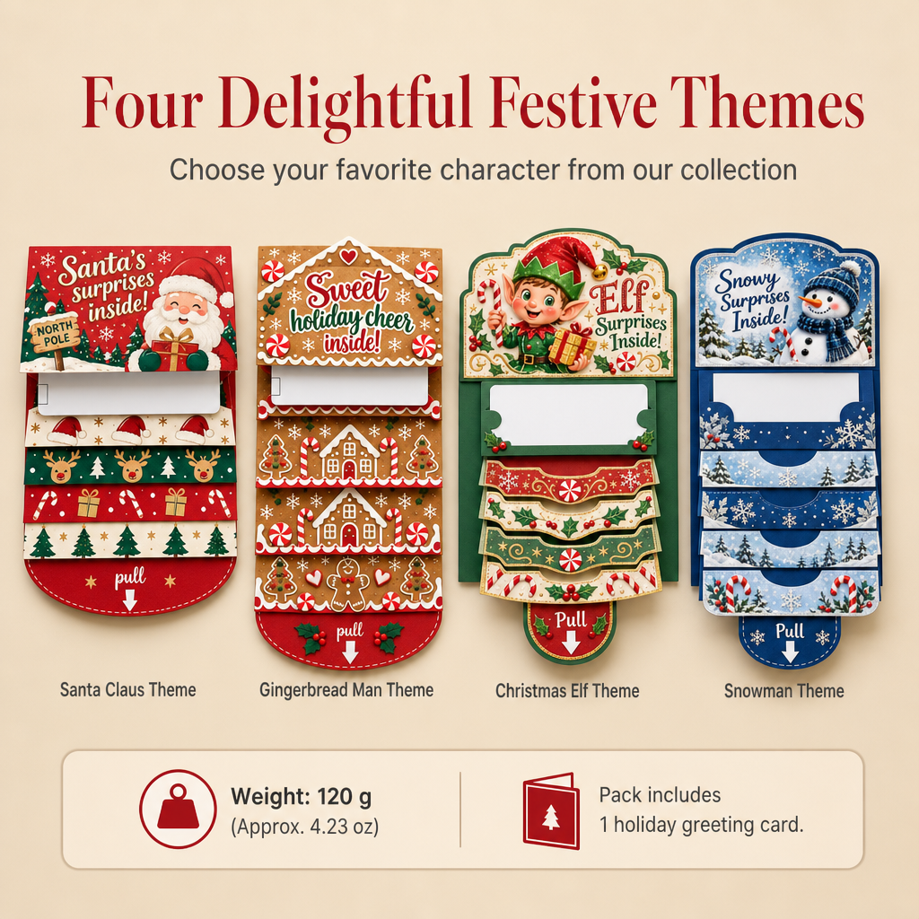 Four designs: Santa Claus, Gingerbread Man, Christmas Elf and Snowman greeting cards