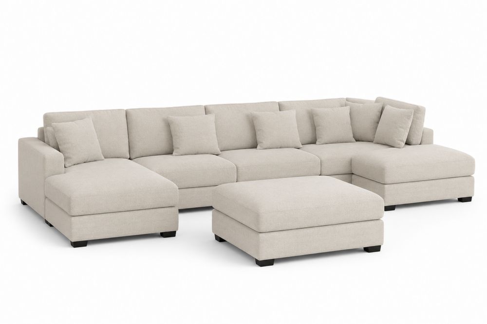 Sofa narożna modułowa z podnóżkiem tkanina lniana beżowa