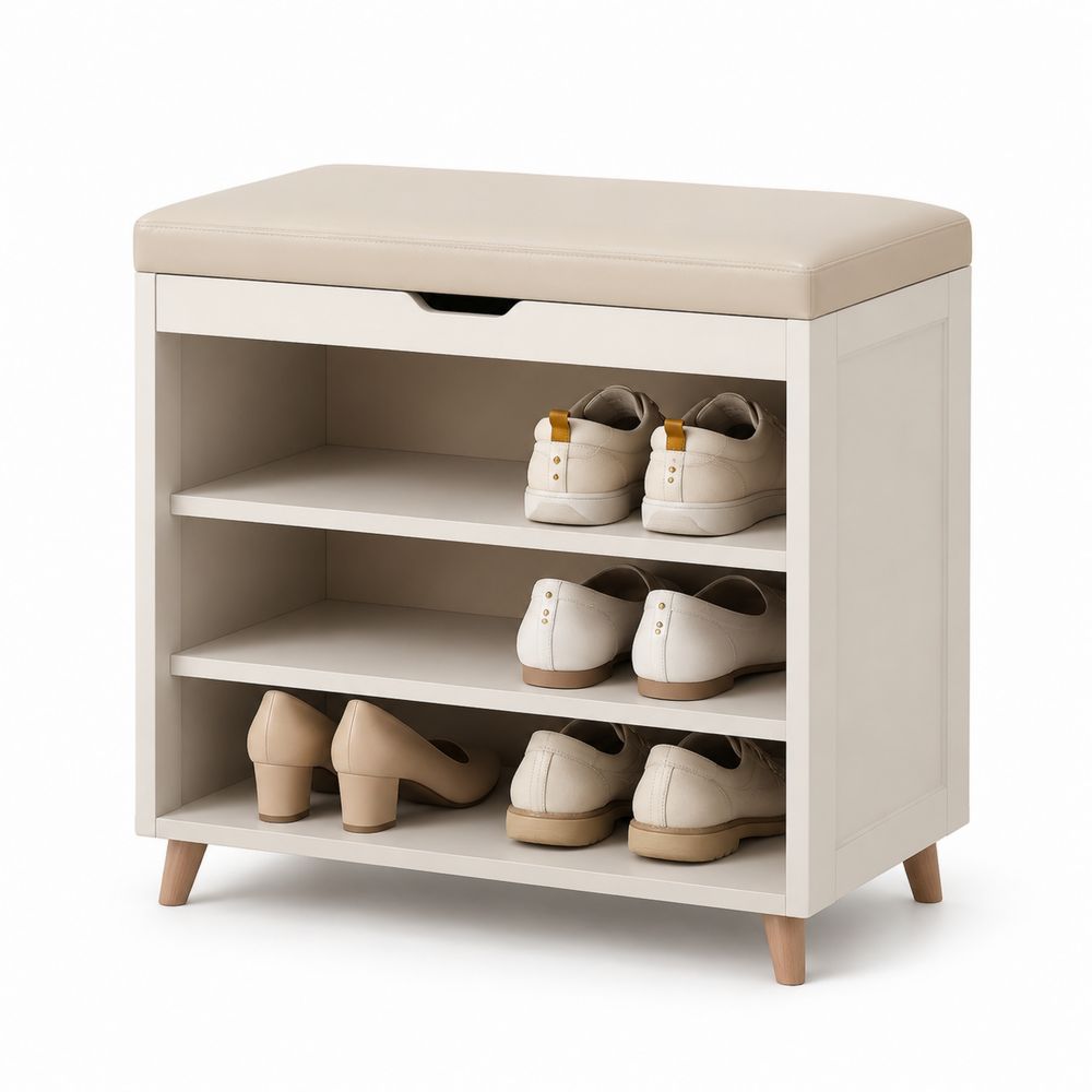Szafka na buty z siedziskiem 3 półki MDF i skóra ekologiczna Beżowy 60x30x45 cm