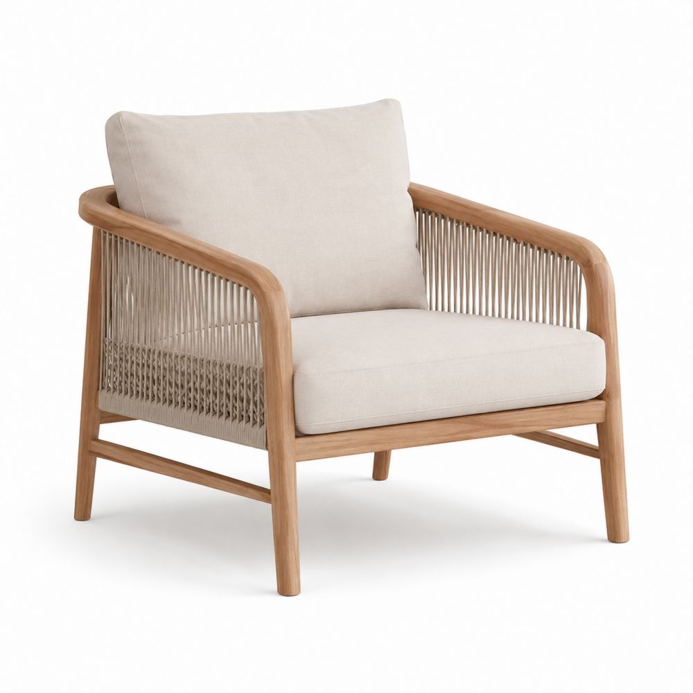 Fotel z drewna teak z kremowymi poduszkami