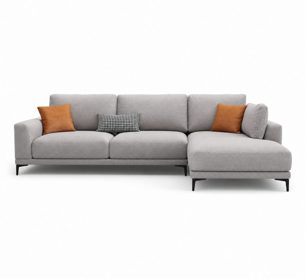 Sofa narożna L z tkaniny szarej z poduszkami