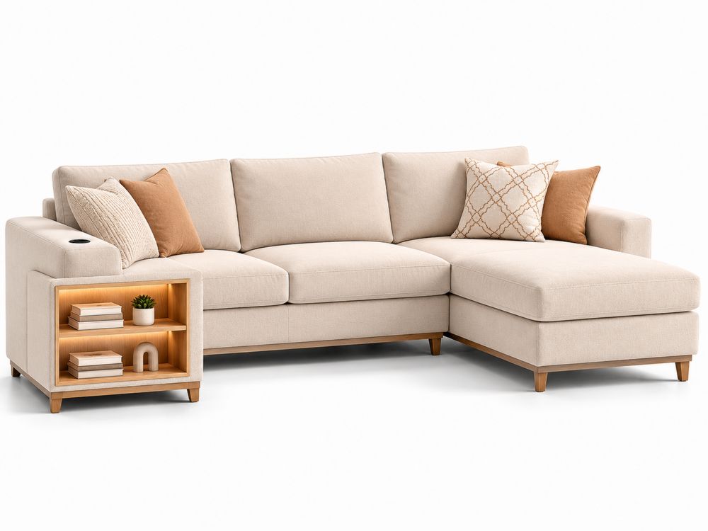 Modułowa sofa narożna z półką i poduszkami, tkanina, Beżowy