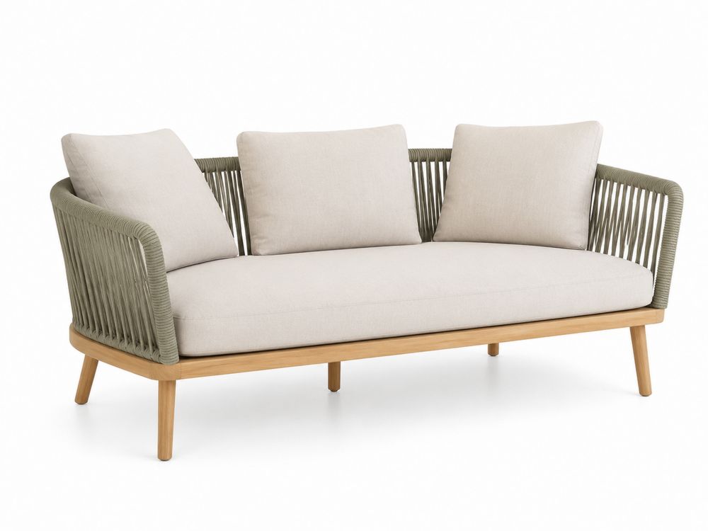 Sofa ogrodowa 3-osobowa, drewno, lina polipropylenowa, Beżowy/Szary, 200x85x75 cm