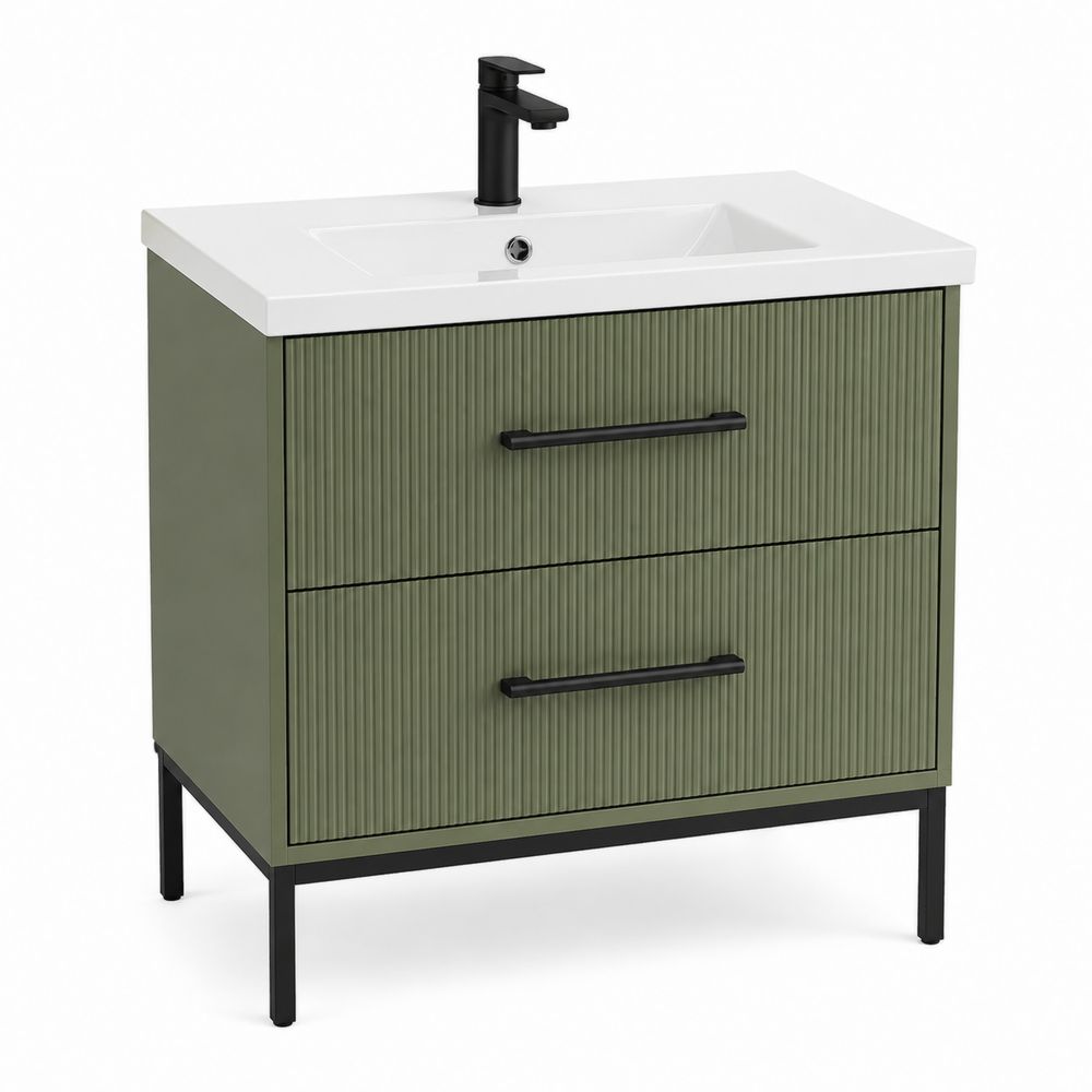 Szafka łazienkowa z umywalką kwadratową 80x45 cm MDF Zielona z metalowymi uchwytami