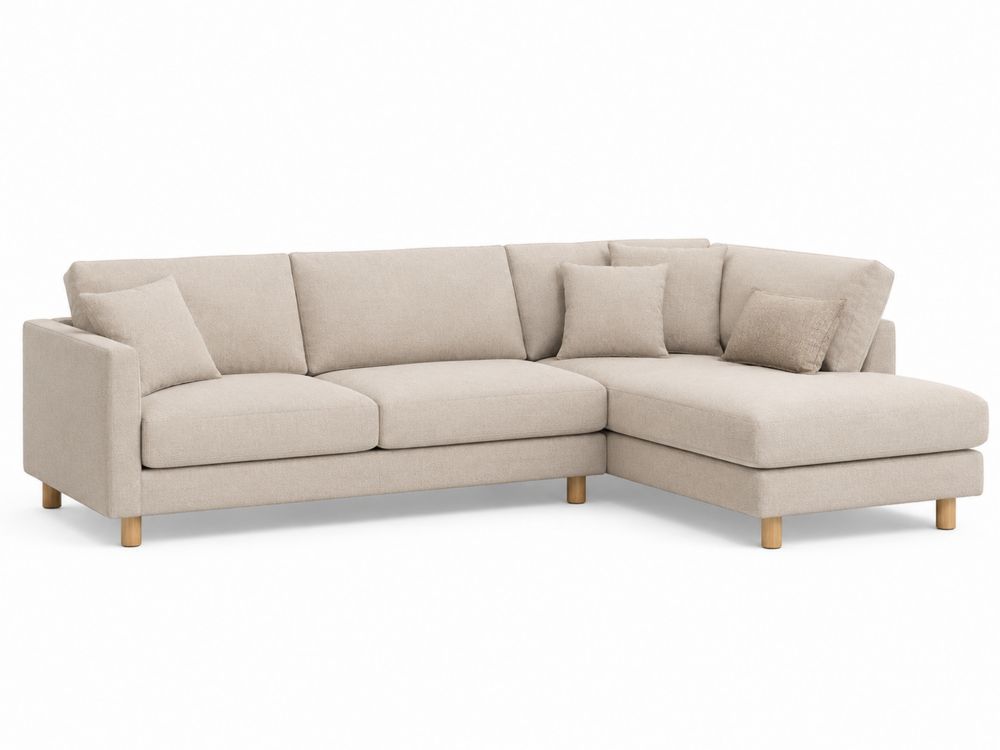 Narożna sofa materiałowa beżowa z drewnianymi nogami