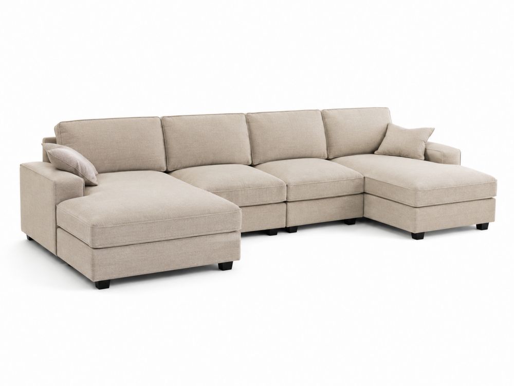 Beżowa sofa narożna modułowa z szezlongiem, tkanina poliestrowa