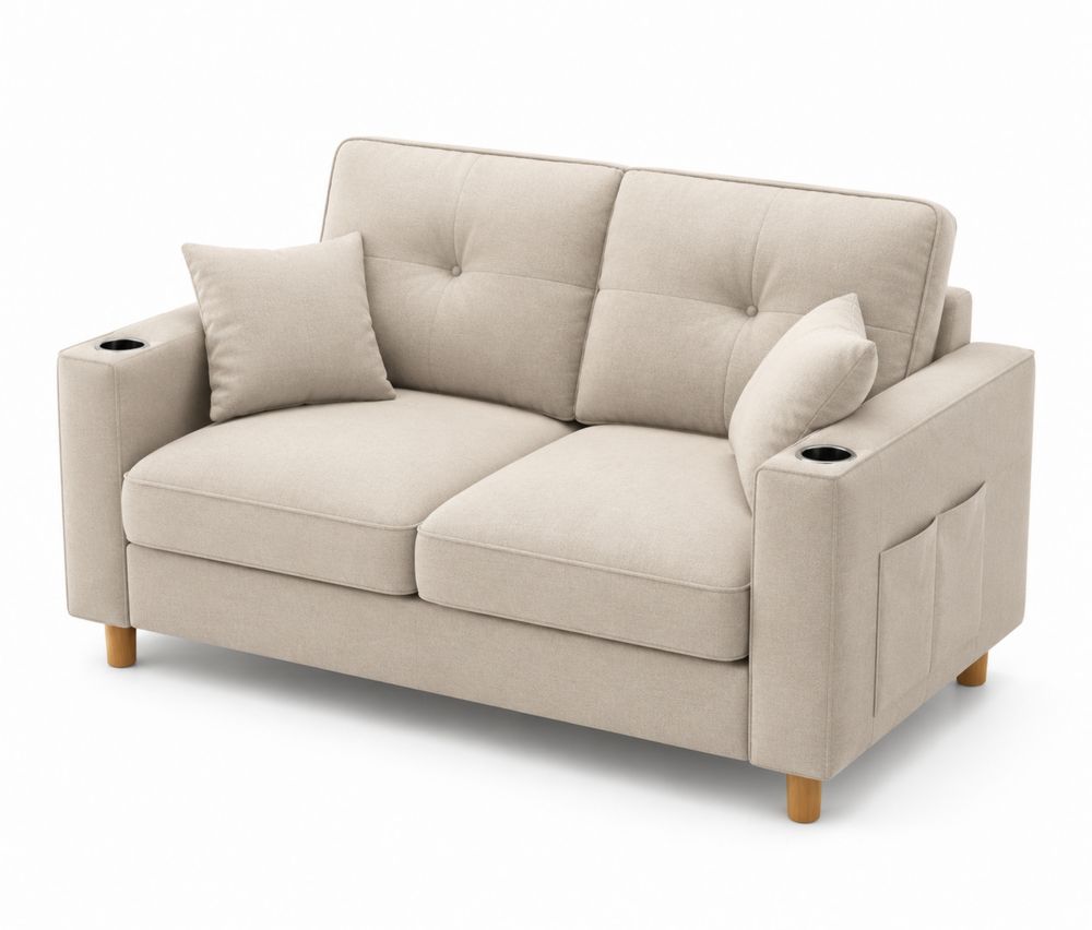 Dwuosobowa sofa z poliestru beżowa z uchwytami na napoje