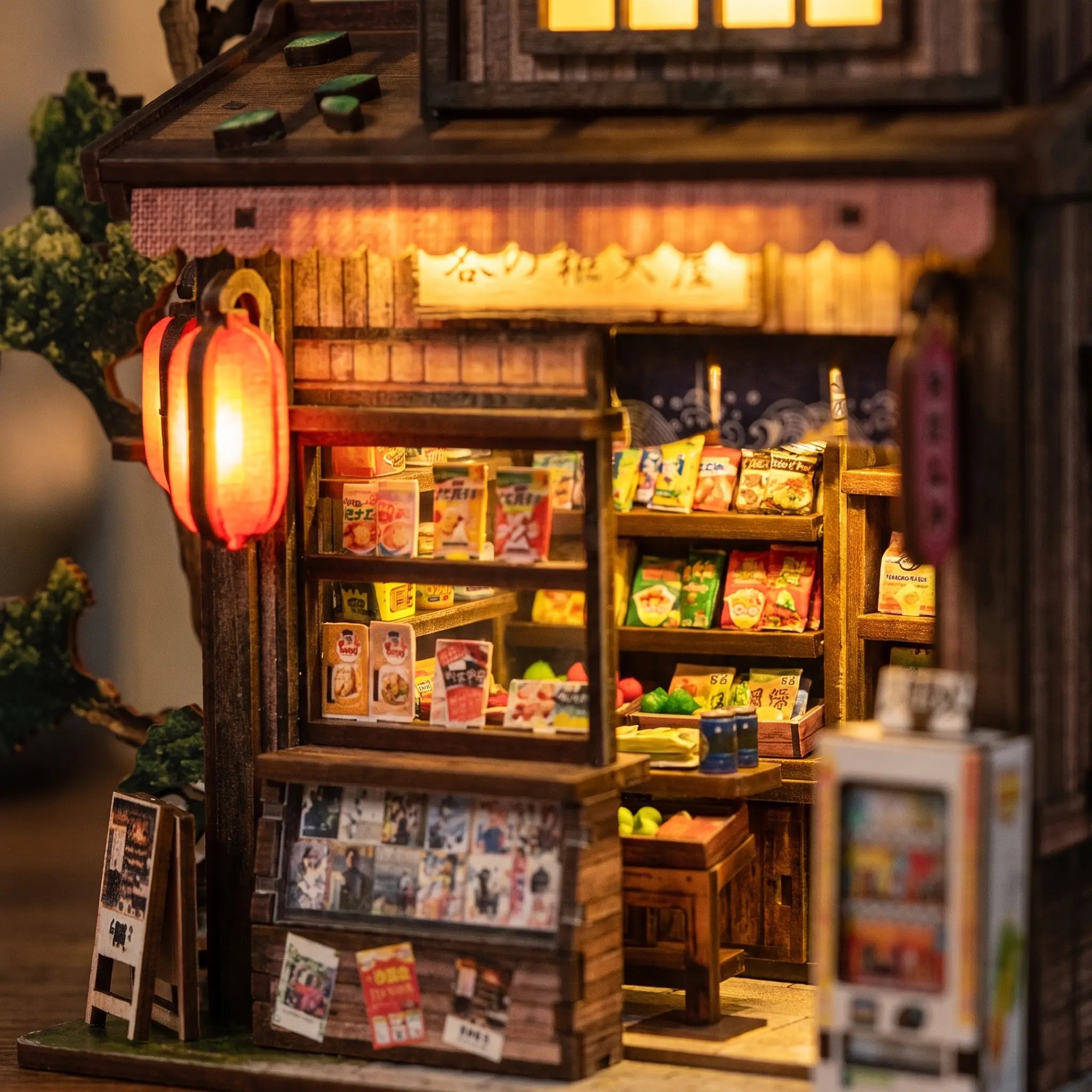 Close-up of The Corner Store lit interior shelves of tiny goods