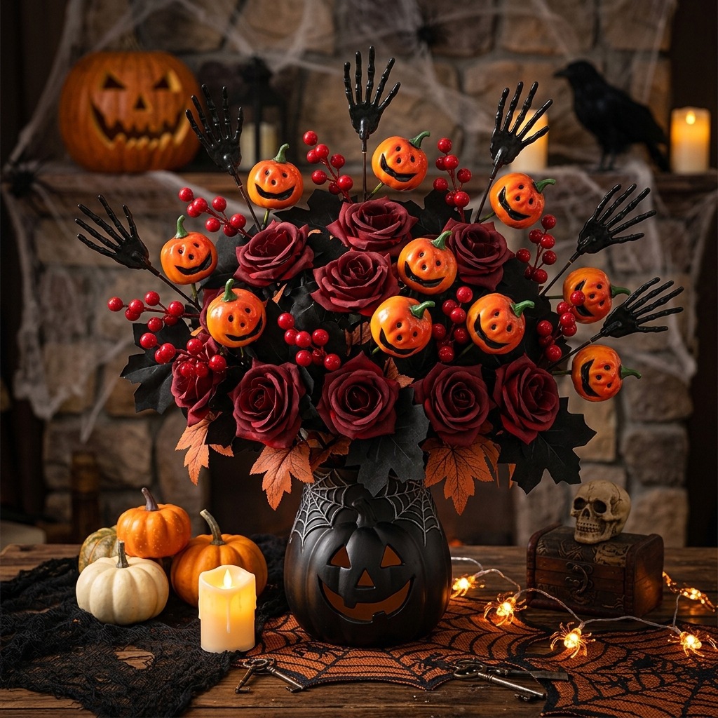 Simulated Flower Skull Hand Single Halloween Home Decoration Ghost Face Pumpkin Simulated Rose Black Maple Leaf Cutting