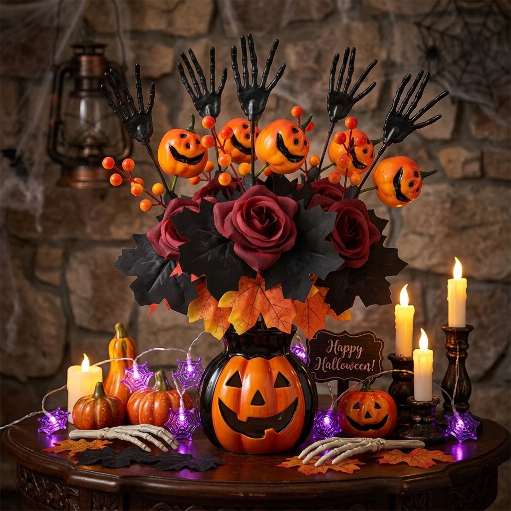 Simulated Flower Skull Hand Single Halloween Home Decoration Ghost Face Pumpkin Simulated Rose Black Maple Leaf Cutting