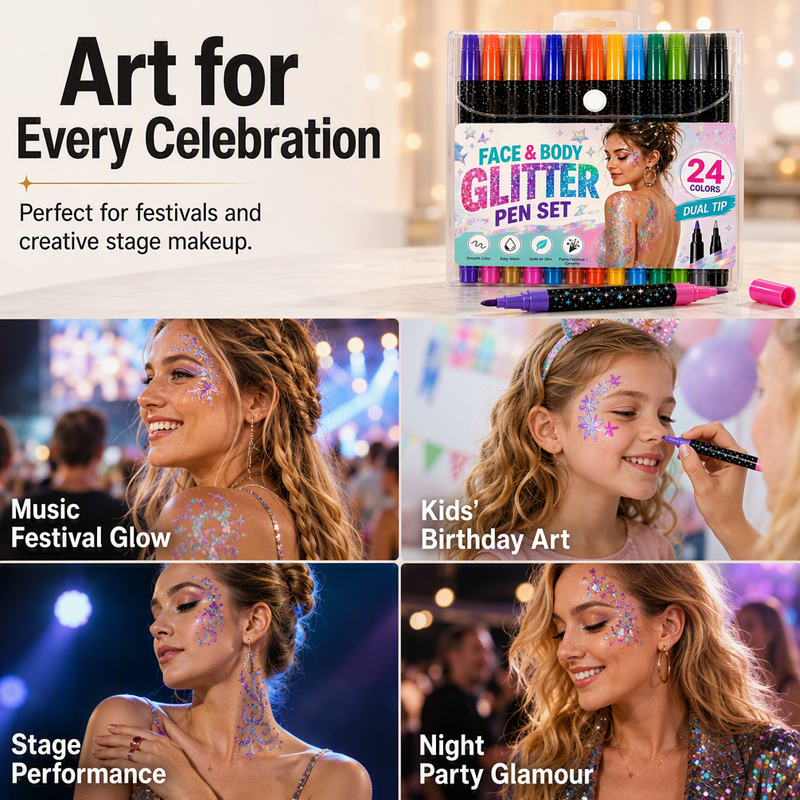 🌸24-Color Face & Body Glitter Marker Set – Dual Tip Sparkle Makeup Pens for Festival, Party, Halloween & Creative Body Art