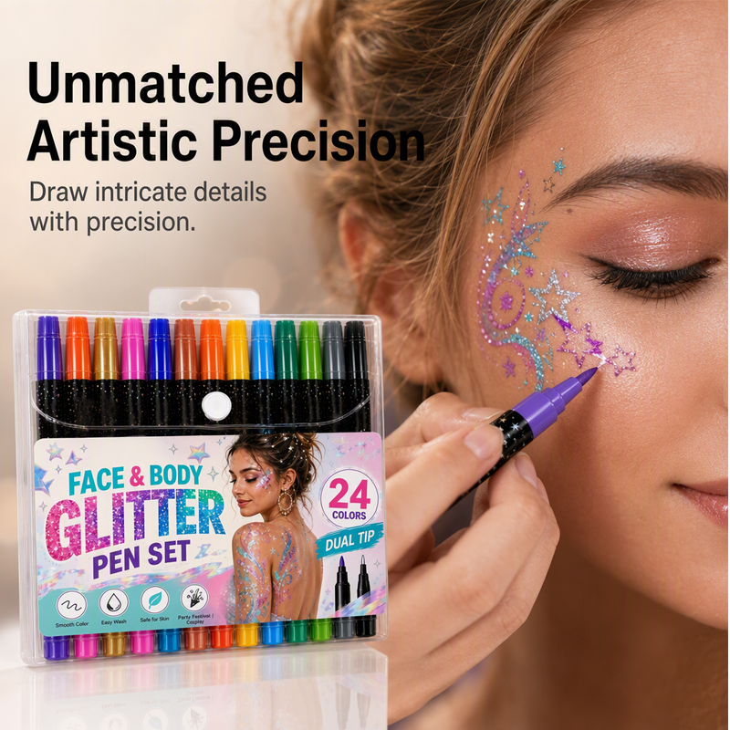 🌸24-Color Face & Body Glitter Marker Set – Dual Tip Sparkle Makeup Pens for Festival, Party, Halloween & Creative Body Art