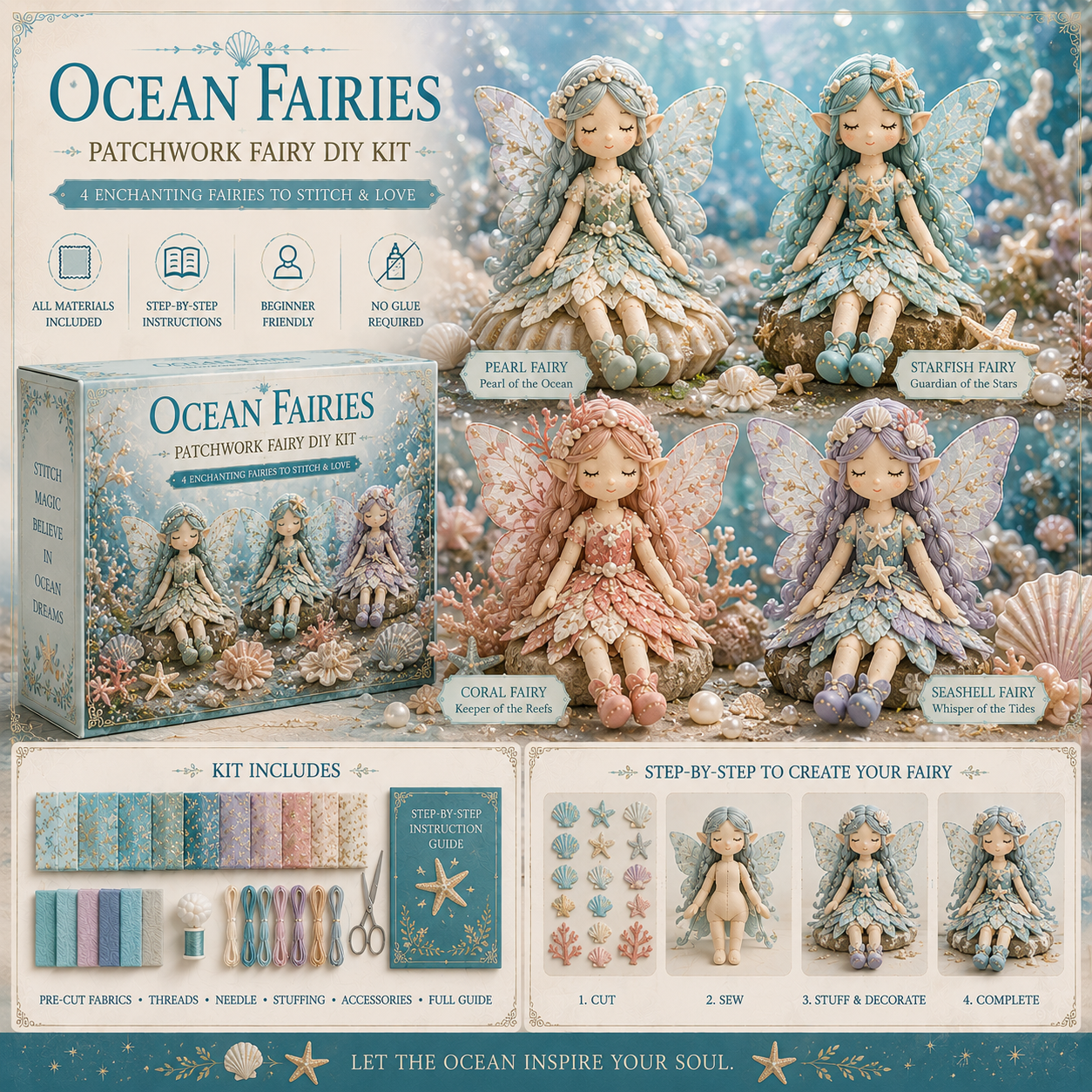 Fairy Patchwork DIY Collection ✨🧚 – Sew 4 Enchanting Fairies with Magical Details, Perfect for Cozy Craft Nights & Charming Home Décor