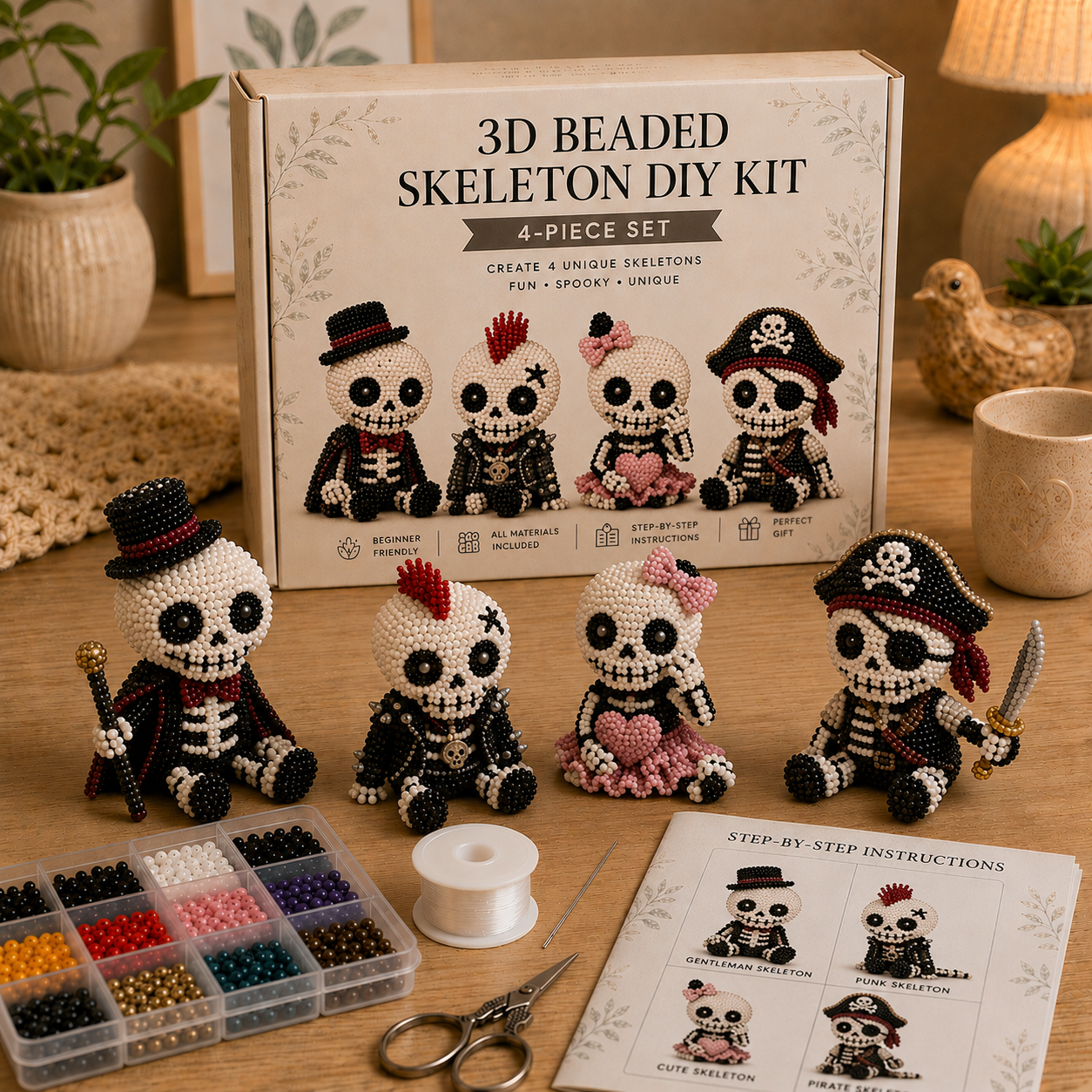 3D Beaded Skeleton DIY Kit 💀✨ – Spooky‑Cute Halloween Bead Craft Set for Adorable Gothic Ornaments