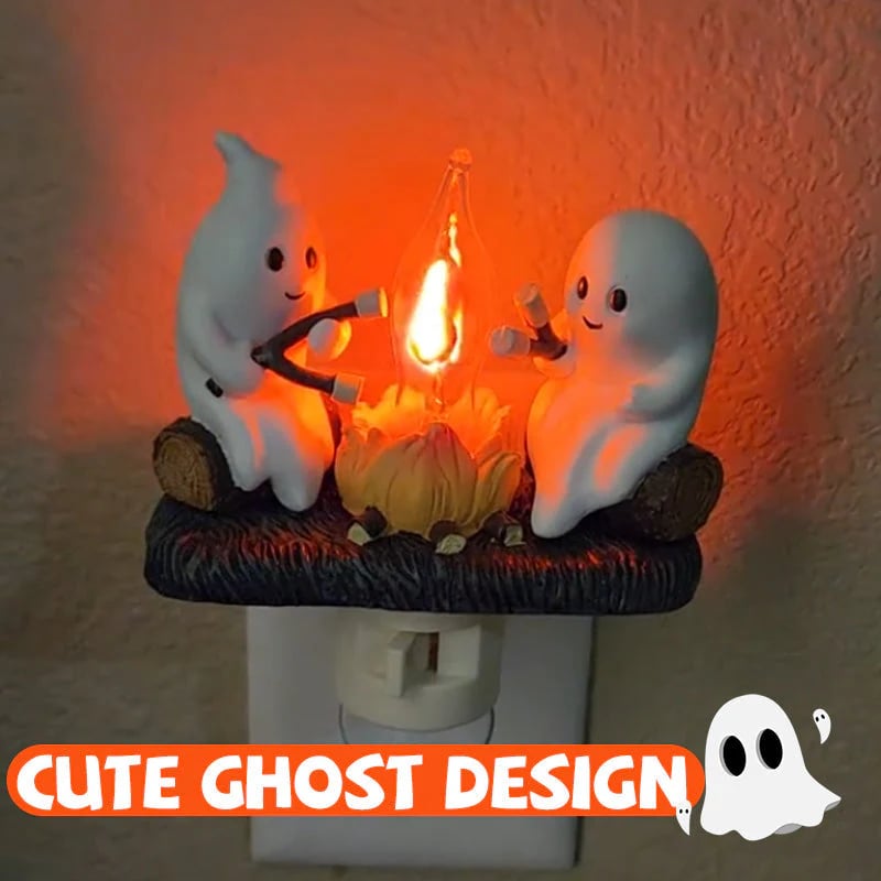 Ghost Campfire Flickering Nightlight 👻🔥 – Cute Marshmallow Ghost Plug‑In Lamp for Cozy Halloween Glow