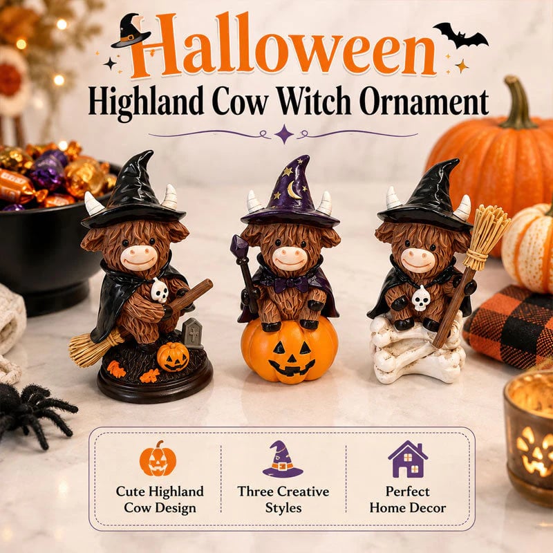 Halloween Highland Cow Witch Ornament 🐮🧙‍♀️ – Spooky‑Cute Resin Figurine for Cozy Fall Décor