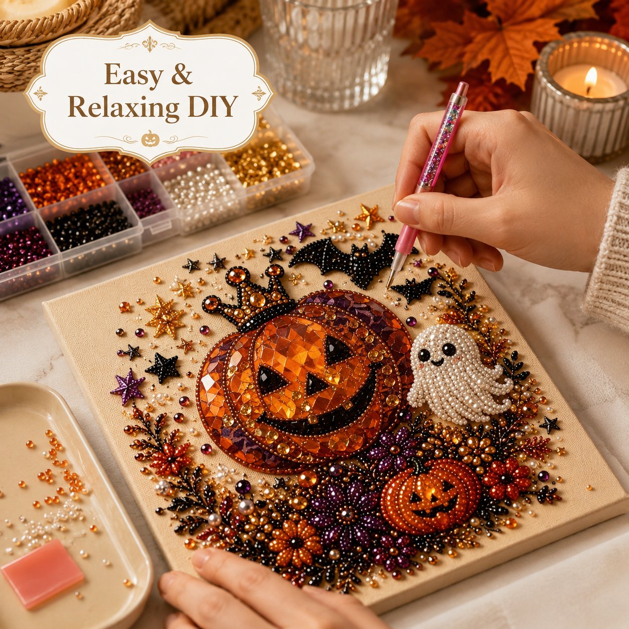 Halloween Pearl Diamond Art DIY Kit 👻💎 – Spooky‑Cute 3D Beaded Painting Set for Cozy Fall Décor