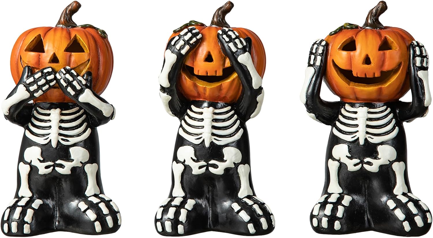 5.75" Jack-O'-Lantern Skull Figurine Statues | Collectible Halloween Decor (3-Pack)