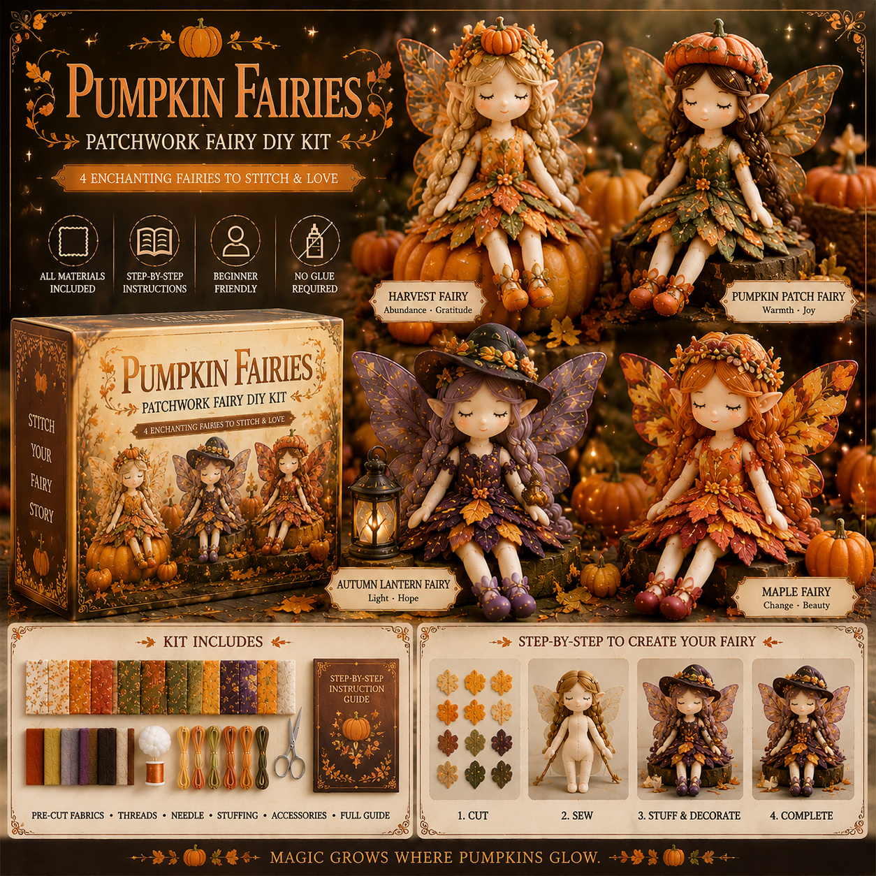 Fairy Patchwork DIY Collection ✨🧚 – Sew 4 Enchanting Fairies with Magical Details, Perfect for Cozy Craft Nights & Charming Home Décor