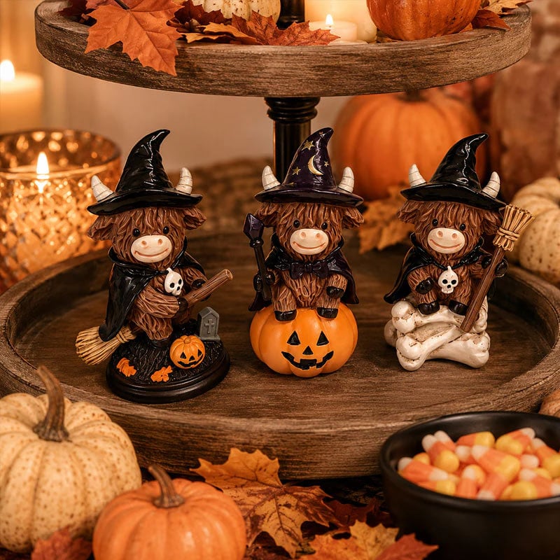 Halloween Highland Cow Witch Ornament 🐮🧙‍♀️ – Spooky‑Cute Resin Figurine for Cozy Fall Décor