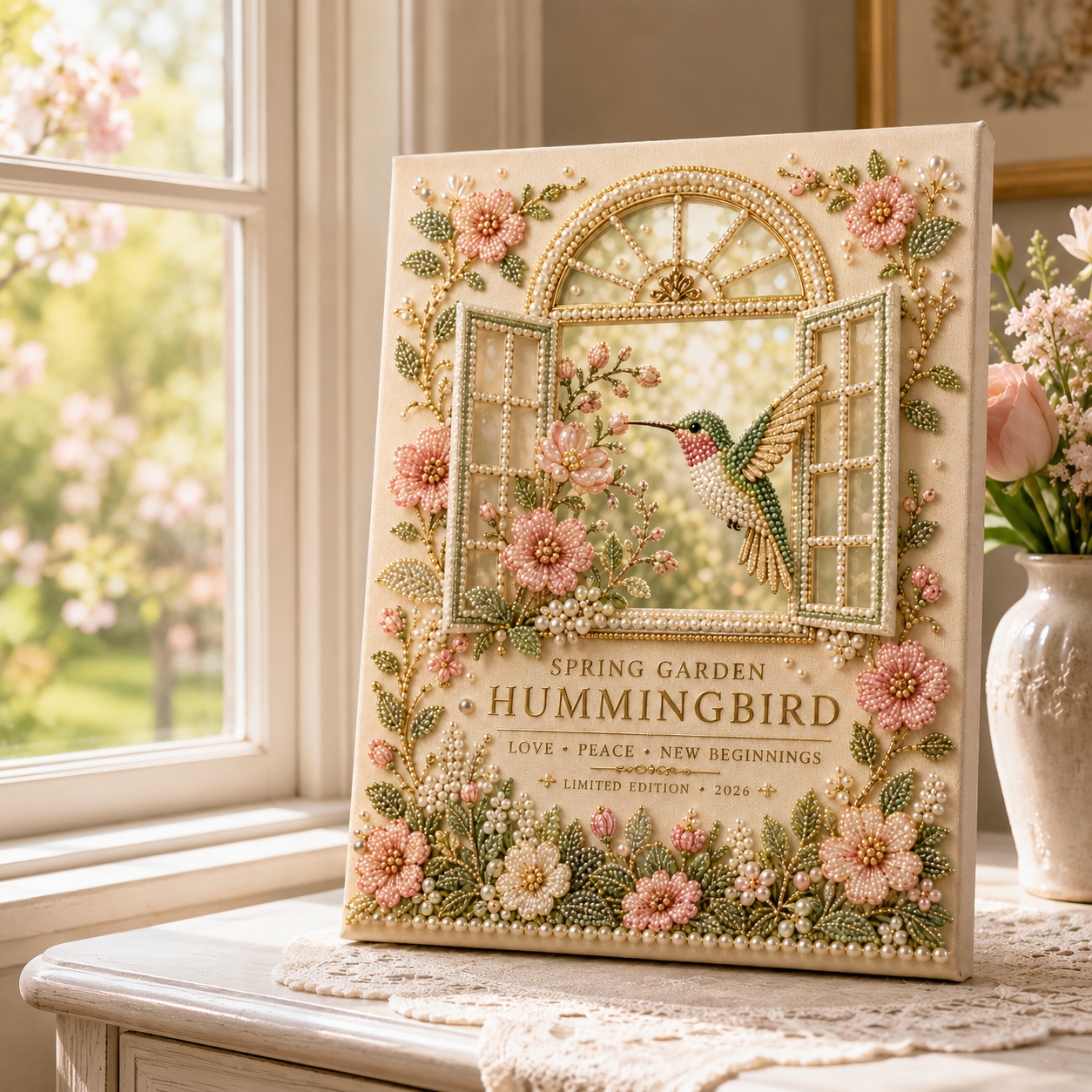 Spring Garden Hummingbird DIY Pearl Painting Kit 🌸🕊️ – Relaxing Beaded Canvas for Bright, Nature‑Inspired Wall Art