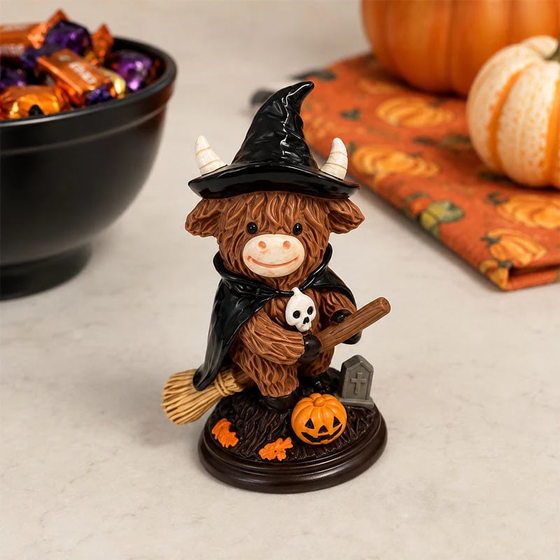 Halloween Highland Cow Witch Ornament 🐮🧙‍♀️ – Spooky‑Cute Resin Figurine for Cozy Fall Décor