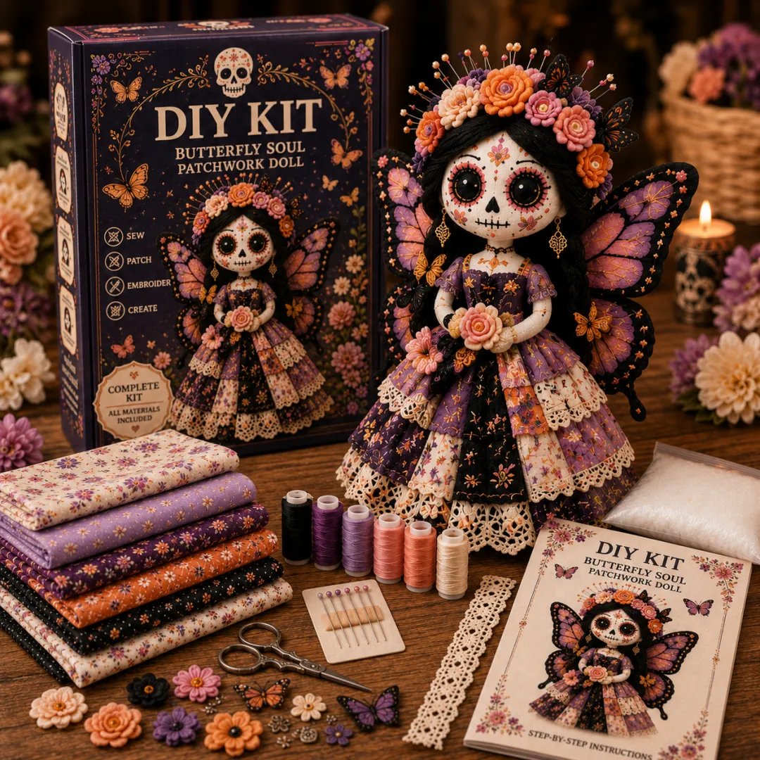 Day of the Dead Patchwork Doll DIY Sewing Kit 💀🌸 – Handmade Fabric Doll Craft with Floral Sugar Skull Details