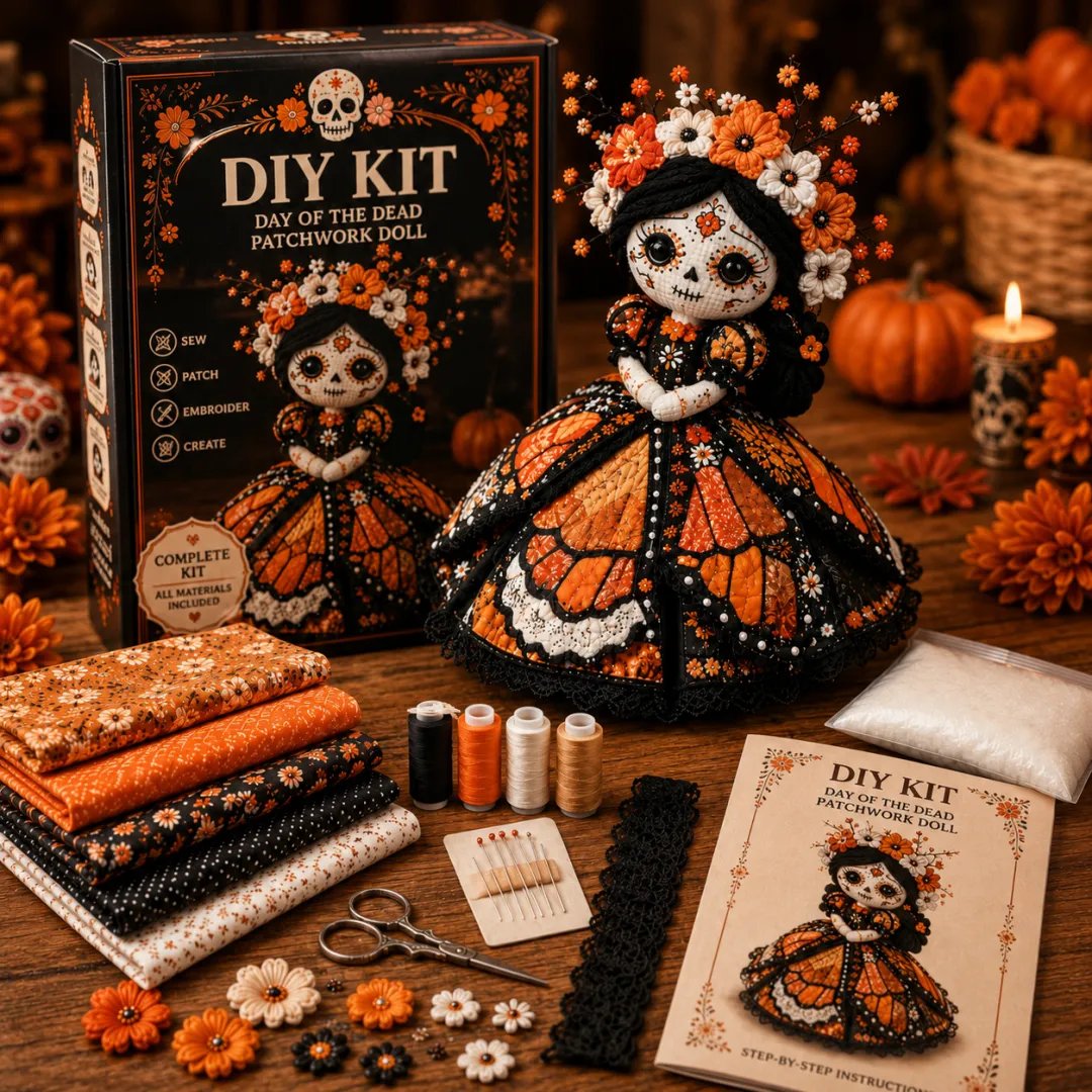 Day of the Dead Patchwork Doll DIY Sewing Kit 💀🌸 – Handmade Fabric Doll Craft with Floral Sugar Skull Details
