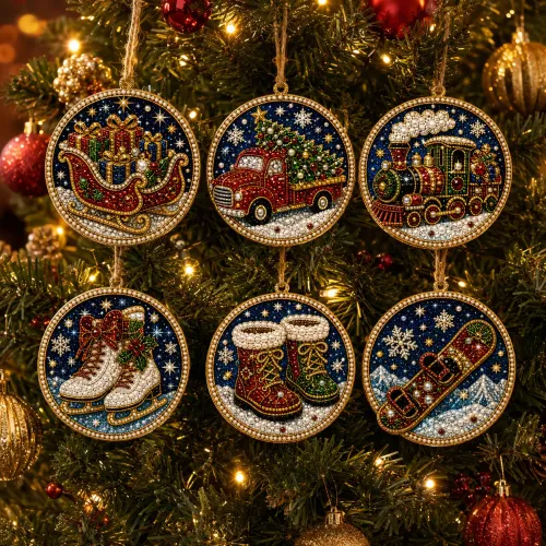 6 Pcs Christmas Wooden Ornaments DIY Pearls Diamond Painting Kit Rhinestone Art Pendants with Hemp Rope for Holiday Tree Decor