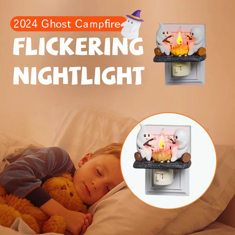 Ghost Campfire Flickering Nightlight 👻🔥 – Cute Marshmallow Ghost Plug‑In Lamp for Cozy Halloween Glow