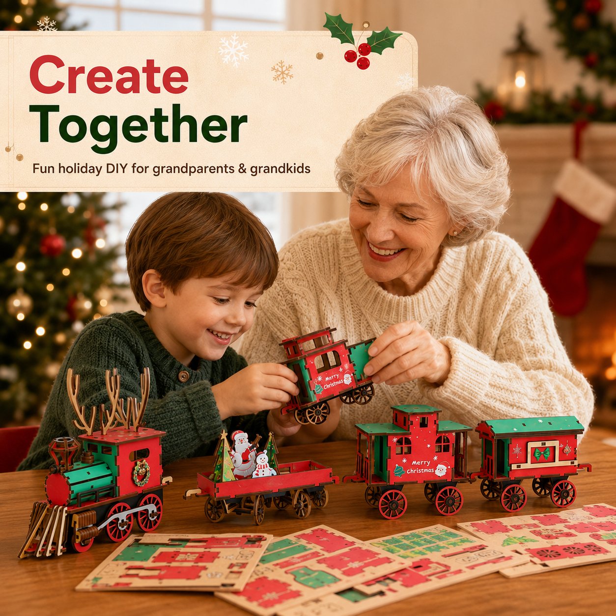🎄LAST DAY 50% OFF – DIY Christmas Wooden Train Set 3D Assembly Puzzle Kit