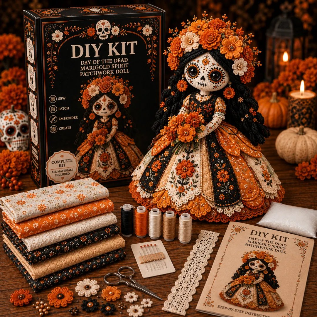 Day of the Dead Patchwork Doll DIY Sewing Kit 💀🌸 – Handmade Fabric Doll Craft with Floral Sugar Skull Details
