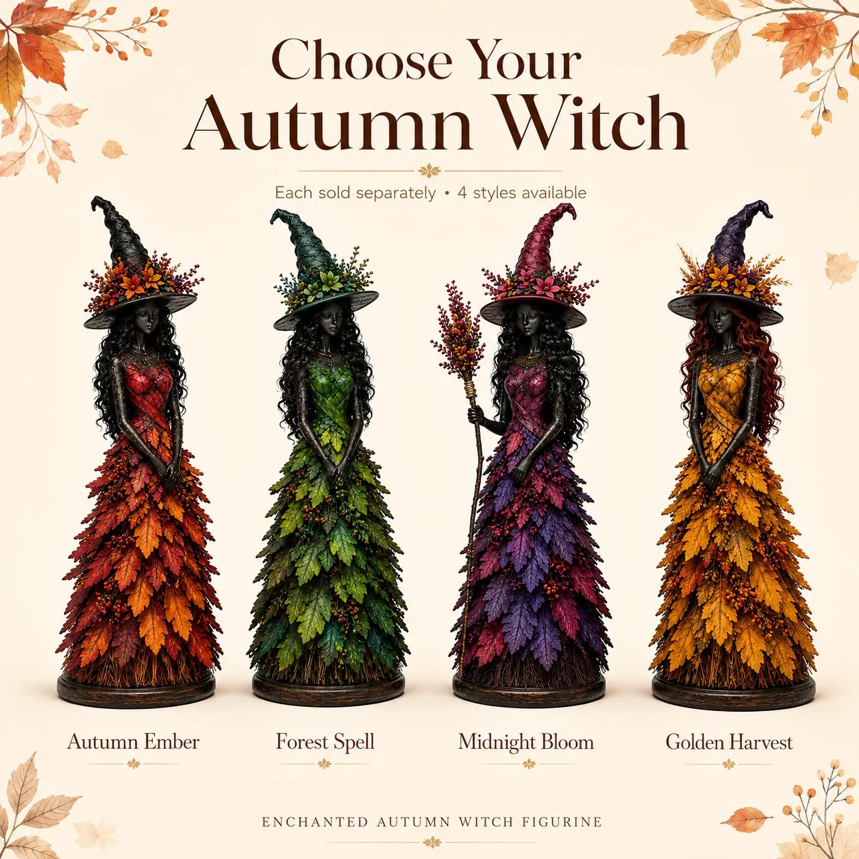 Enchanted Autumn Witch Figurine 🧙‍♀️🍂 – Elegant Fall Witch Statue for Cozy Halloween & Harvest Décor