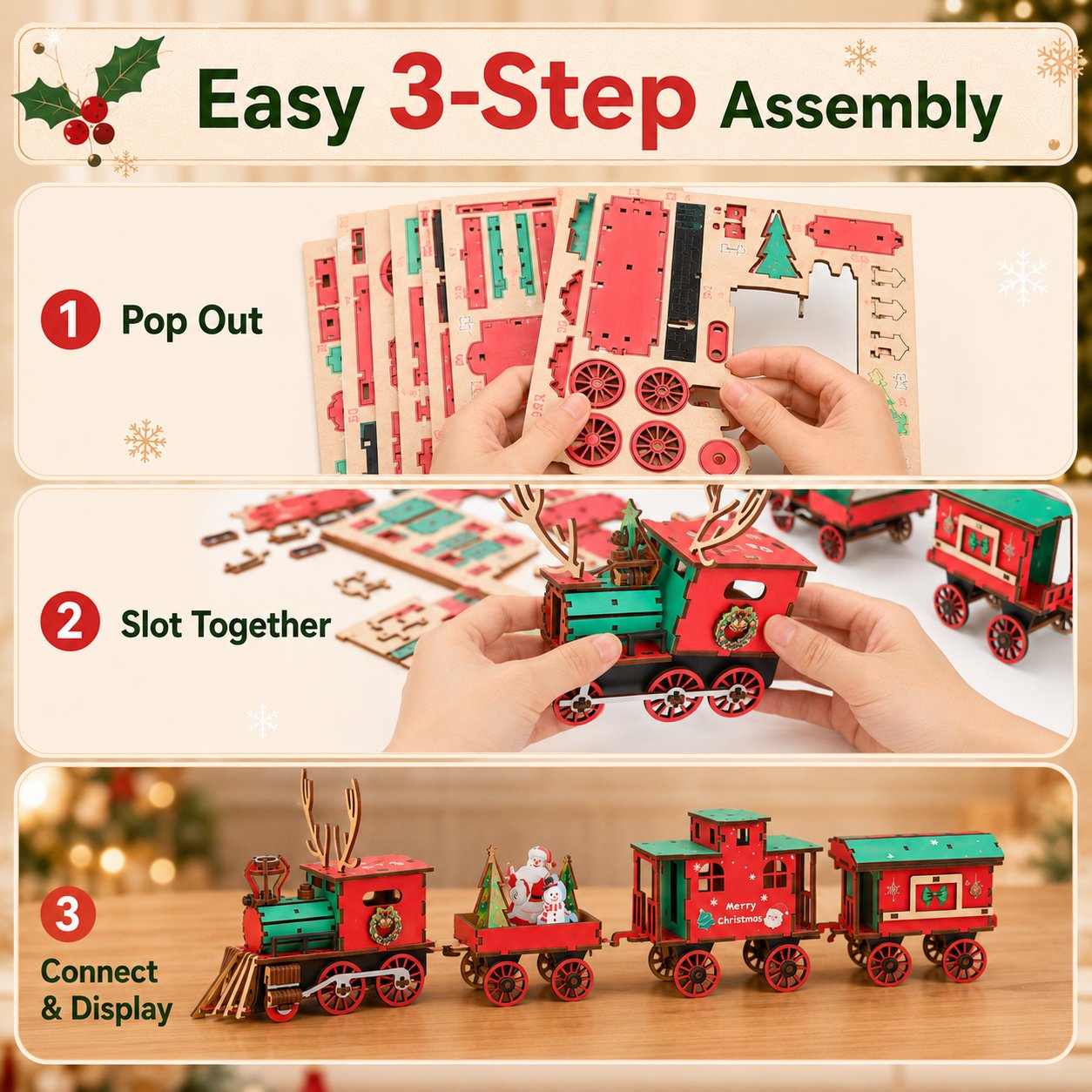 🎄LAST DAY 50% OFF – DIY Christmas Wooden Train Set 3D Assembly Puzzle Kit