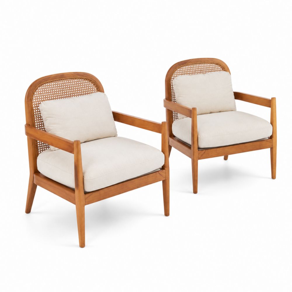 Set aus 2 Lounge-Stühlen Teakholz mit Rattan-Geflecht und Polster Beige