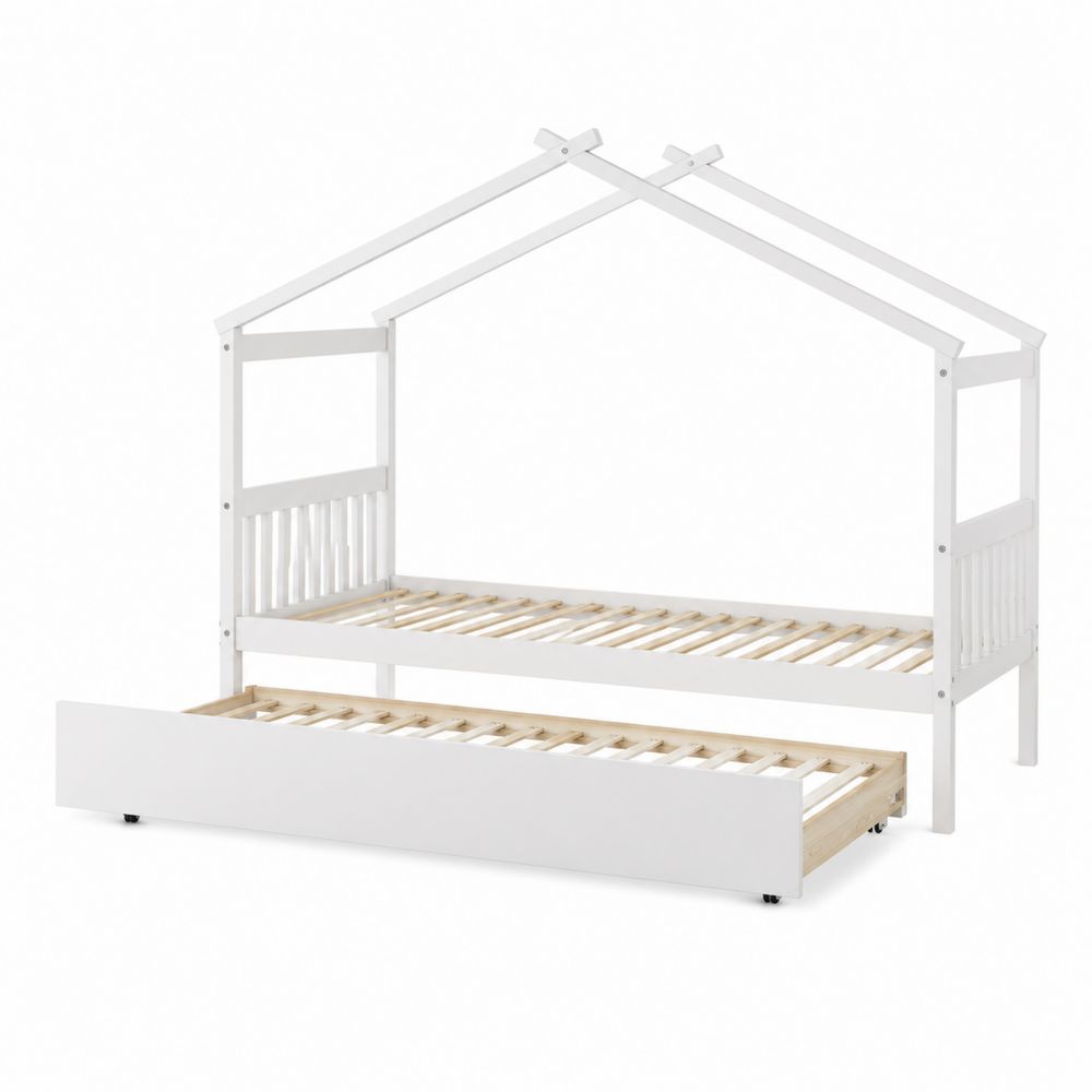 Kinderhausbett mit Ausziehbett Holz Weiß 200x90x180 cm