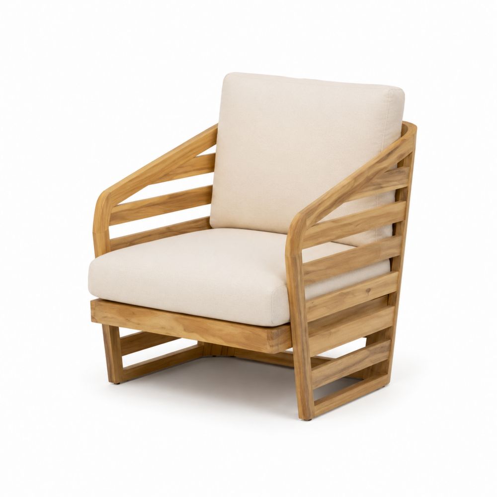 Clubsessel aus Teakholz mit Polyesterbezug in Natur und Beige