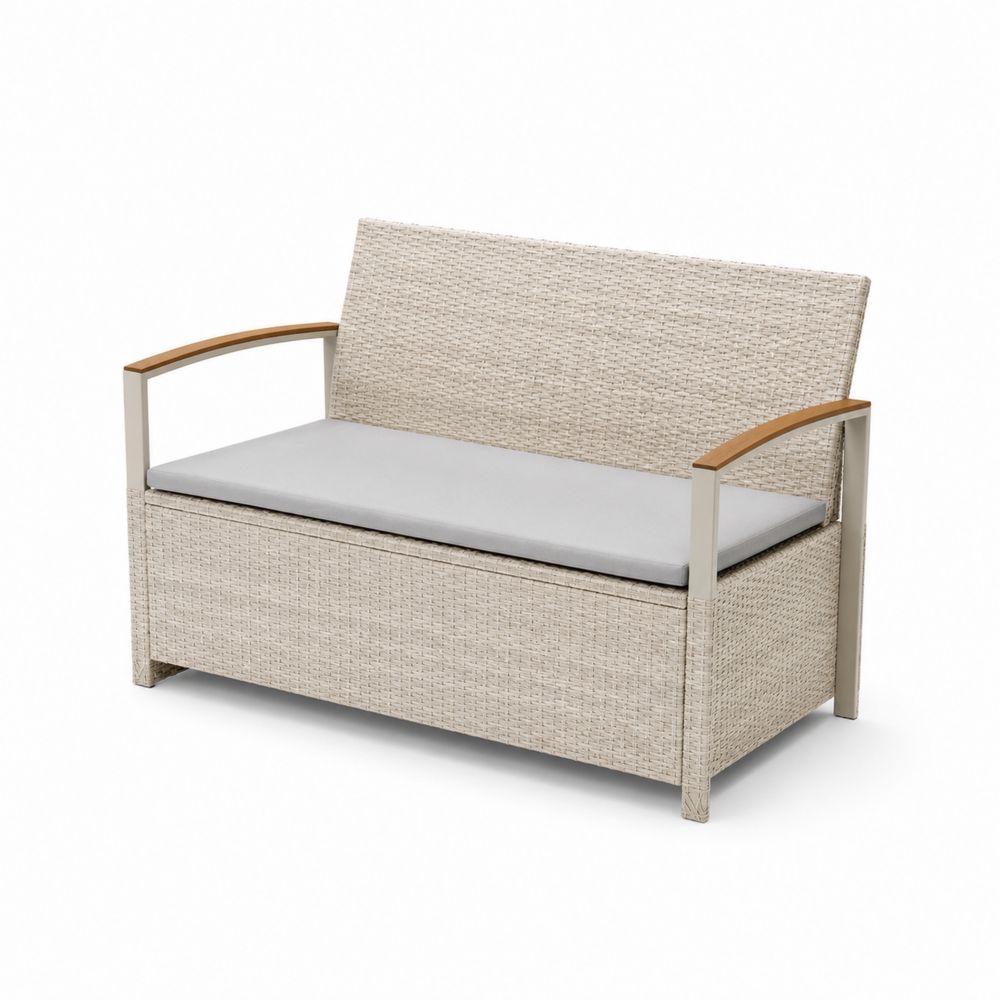 Outdoor-Bank aus PE-Rattan mit Stauraum, Beige und Grau, 120 cm