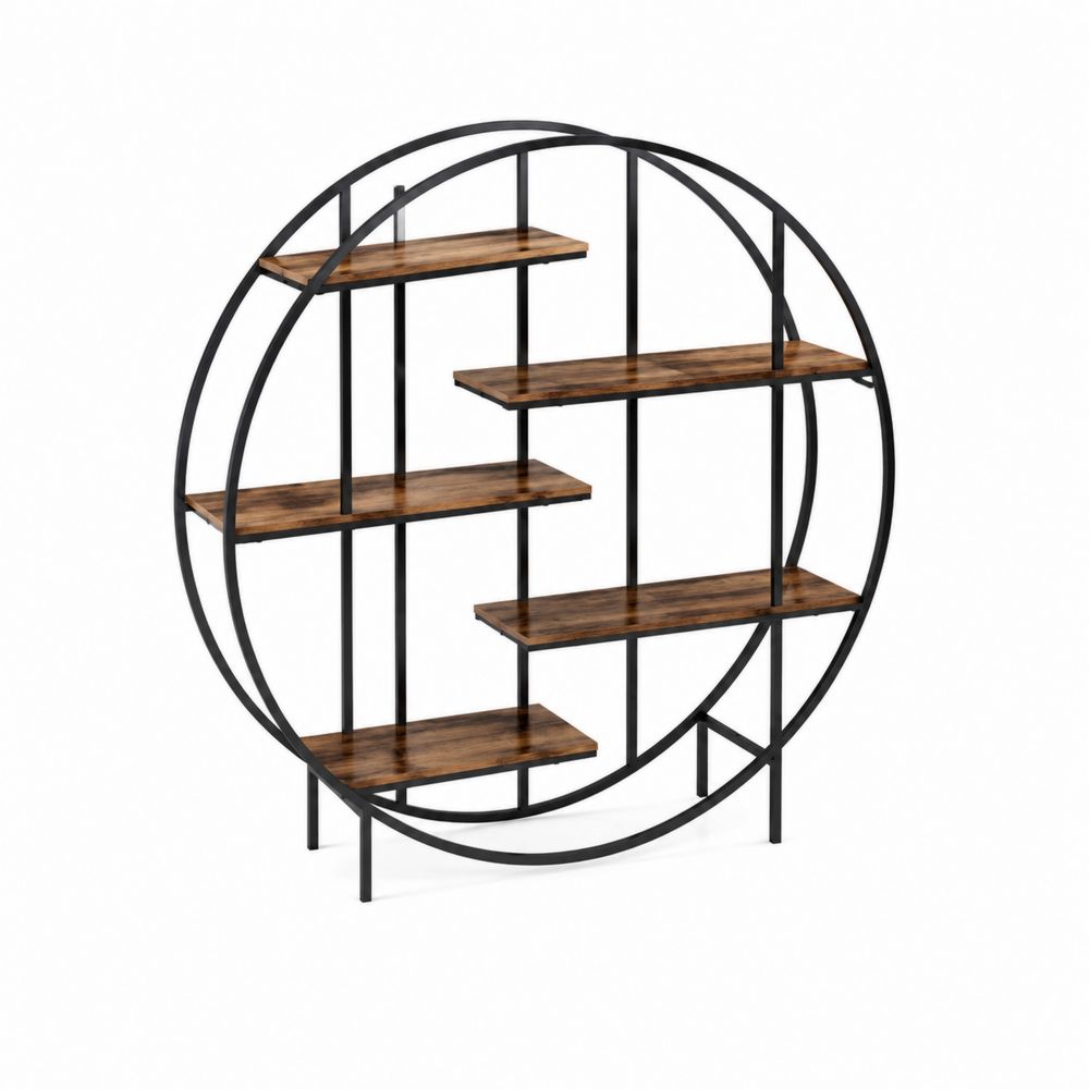 Rundes Metall-Holz Bücherregal mit 6 Ebenen, Schwarz und Braun
